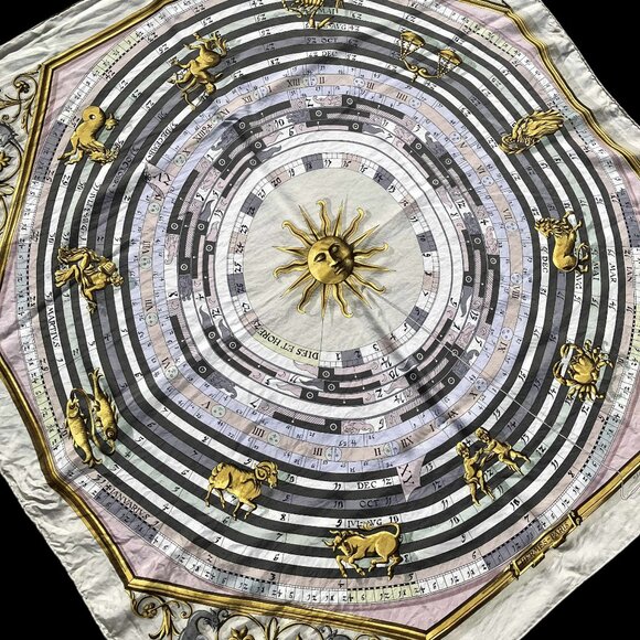 HERMES Dies Et Hore Square Silk Scarf Astrology Gray Multicolor Carre 90 - Picture 2 of 11